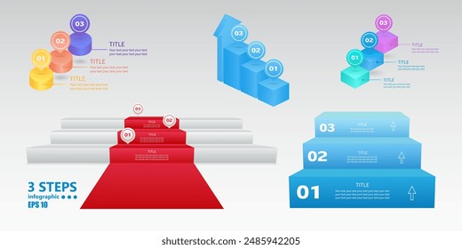 3 step growth ladders. Set of business infographics. 3 D. Vector illustration.