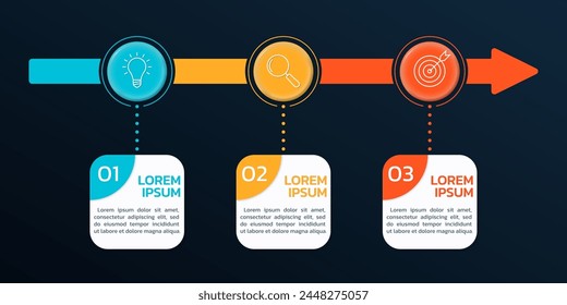 3 paso info Diseño gráfico. Diagrama de línea de tiempo, infografía de gráfico con iconos y flecha. Presentación de negocios, Plantilla de diseño de procesos. Ilustración vectorial.