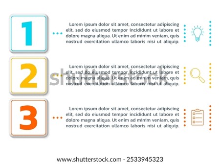 3 step info graphic template. List diagram, chart with three numbers. Business infographic, presentation, modern layout design with vertical elements. Vector illustration.