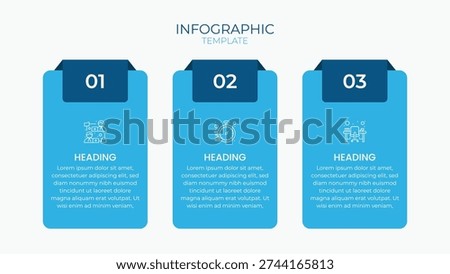 3 step infographic design with blue vertical cards, clean icons, and headings. Ideal for timelines, workflows, and business process presentations