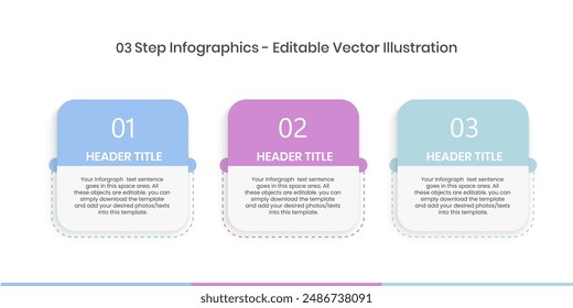 3-Stufen-Infografik Design-Vorlage, Tortendiagramm, Workflow-Layout, Squire-Diagramm, Broschüre, Bericht, Präsentation, Minimalistische Timeline-Illustration auf weißem Hintergrund - Editierbare Vektorgrafik-Vorlage