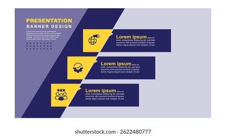 3 step infographic template. Banner template presentation with purple and yellow colors. vector Illustration suitable for business information and web graphic design.