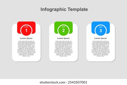 Plantilla de infografía de 3 pasos con fondo blanco y colorido.