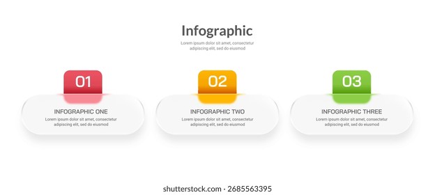 3-Schritt-Neomorphismus-Infografik-Vorlage für minimale Geschäftsprozesse. Website, Flüssigglas und Banner. Vektorgrafik.