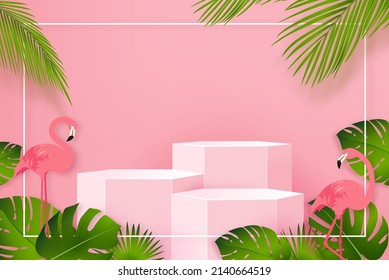 3 step podium mock up for products display in pink tropical summer theme