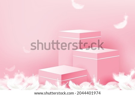 3 step podium mockup in pink background with soft feathers, for product placement and display