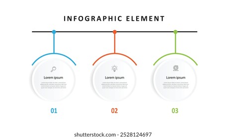 La Plantilla de infografía de proceso de 3 pasos con íconos se puede utilizar para el flujo de trabajo, la información comercial y la presentación de Web 