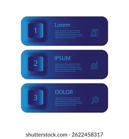 3-staps proces infographic template. Bannersjabloonpresentatie met rechthoek- en blauwe verloopkleuren. vectorillustratie geschikt voor bedrijfsinformatie en webgrafisch ontwerp