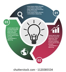 3 step vector element in three colors with labels, infographic diagram. Business concept of 3 steps or options with bulb .