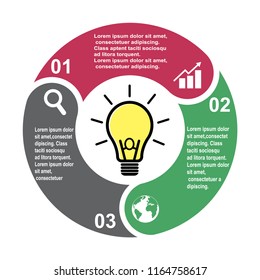 3 step vector element in three colors with labels, infographic diagram. Business concept of 3 steps or options with light bulb .