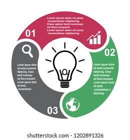 3 step vector element in three colors with labels, infographic diagram. Business concept of 3 steps or options with bulb .