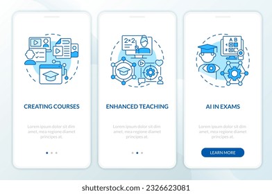 3 steps 2D blue icons representing AI in education, graphic instructions with linear concepts, app screen.