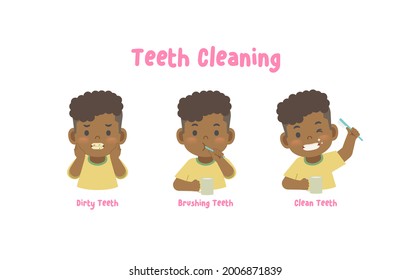 3 Steps A Black Boy Cleaning His Teeth With Toothbrush By Brushing Teeth. Illustration Vector On White Background. Kids Concept.