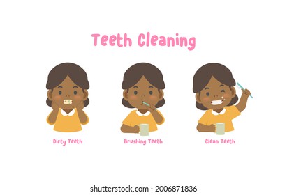 3 pasos una chica negra limpiando sus dientes con cepillo de dientes cepillando dientes. vector de ilustración sobre fondo blanco. Concepto de niños.