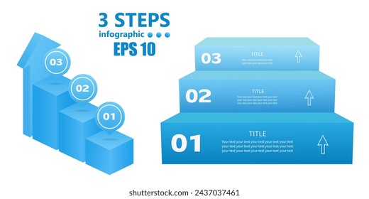 3 pasos. Conjunto azul de infografías de negocios de dos escaleras. 3 D. Ilustración vectorial.