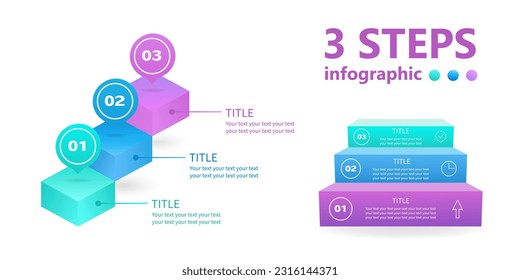 3 Stufen. Business-Infografik-Set. Leiter aus 3 Etappen. 3 D. Vektorgrafik.