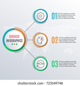 3 steps circle infographics template. Business process background with 3 options, levels. Data visualization, presentation, diagram, workflow layout, flow chart, web elements. Vector illustration.