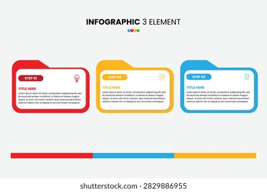 3 steps folder shaped infographic template with colorful elements, icons, and text placeholders for presentation and diagram