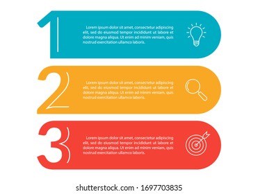 3 steps info graphic with business icons and copy space. Infographics template with outline numbers. Three parts or options for menu and  workflow layout design. Vector illustration.