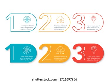 3 steps info graphic for business presentation. Timeline infographics template with outline numbers. Five parts or options for workflow layout design. Vector illustration.