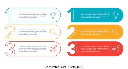 3 steps info graphic with business icons and copy space. Infographics template with outline numbers. Three parts or options for menu and  workflow layout design. Vector illustration.