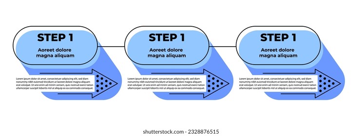 3 steps infographic with arrows and lines. Step by step manual instruction. Empty design template. Data visualization. 90s style design elements for presentation with copy space. Workflow layout