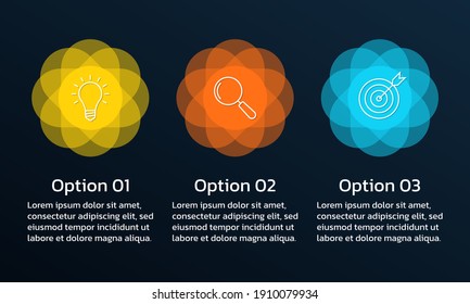 3 steps infographic elements with numbers and abstract shapes, fluid geometric elements. Timeline info graphic with business icons. Flow chart, layout, business workflow template. Vector illustration.