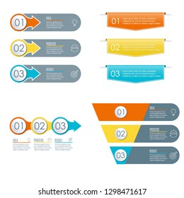 3 Steps Infographic Set. Modern Business Presentation Concept With 3 Sections, Options Or Levels. Infograhics Collection With Circle, Arrow, Funnel, Diagram, Chart. Vector Illustration. 