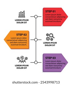 Plantilla de infografía de 3 pasos con 3 opciones. Diagrama de flujo que se puede utilizar para informes de negocio, visualización de datos y presentación. Ilustración vectorial de elementos infográficos de línea de tiempo.