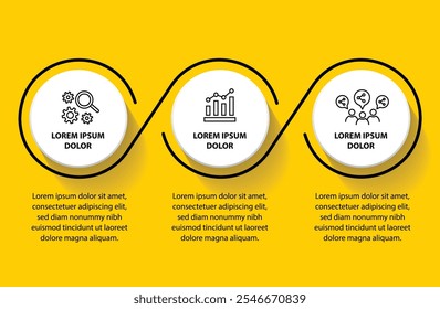 Plantilla de infografía de 3 pasos con 3 opciones. Diagrama de flujo que se puede utilizar para informes de negocio, visualización de datos y presentación. Ilustración vectorial de elementos infográficos de línea de tiempo.