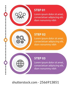 3 steps infographic template with 3 options. Flowchart that can be used for business report, data visualization and presentation. Timeline infographic elements vector illustration.