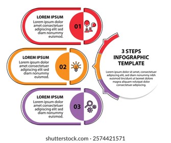 3 steps infographic template with 3 options. Flowchart that can be used for business report, data visualization and presentation. Timeline infographic elements vector illustration.