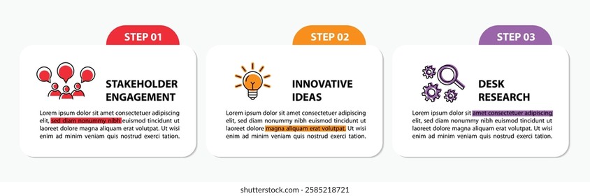 3 steps infographic template with 3 options. Flowchart that can be used for business report, data visualization and presentation. Timeline infographic elements vector illustration.