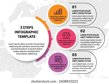3 steps infographic template with 3 options. Flowchart that can be used for business report, data visualization and presentation. Timeline infographic elements vector illustration.