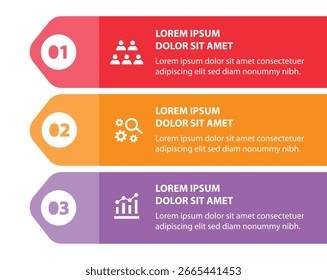 Plantilla de infografía de 3 pasos con 3 opciones. Diagrama de flujo que se puede utilizar para informes de negocio, visualización de datos y presentación. Ilustración vectorial de elementos infográficos de línea de tiempo.