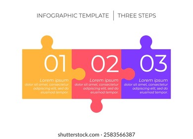 3 steps infographic template. Puzzle style timeline concept of three dependent components or parts of business project. 