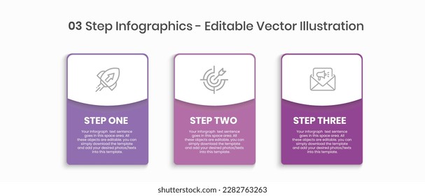 3 Steps Infographics Design Template - Graph, Pie chart, workflow layout, squire diagram, brochure, report, presentation, web design. Editable Vector illustration