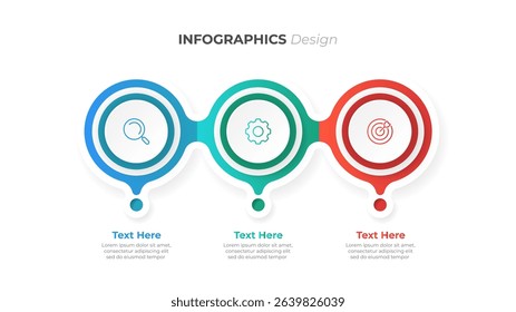 3 steps infographics design template. horizontal business process with circle icons. Ideal for presenting workflows, strategies, and progress.