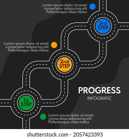 3 steps or milestones with roar line, progress or timeline infographics vector template