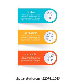 3 pasos, opción infográfica. Menú, diseño de lista con tres elementos e iconos de negocio. Presentación, plantilla de banner de diseño. Ilustración vectorial.
