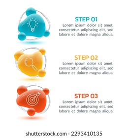 3 steps, option infographic. Menu, list design with three elements and business icons. Presentation, layout banner template with 3d abstract liquid shapes. Vector illustration.