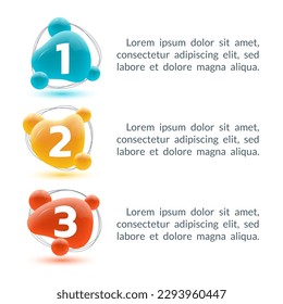 3 pasos, opción infográfica. Menú, diseño de lista con formas líquidas abstractas 3d. Presentación, plantilla de banner de diseño con tres elementos. Ilustración vectorial.