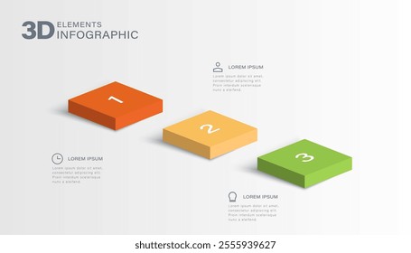 3 steps, option or levels infographic design with 3d or isometric squares and business icons. Modern elements for presentation, workflow layout, timeline infographics.