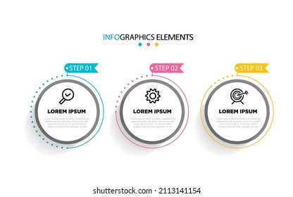  3 steps, option or levels line infographic with label. Timeline info graphic. Business presentation, information brochure, banner, workflow layout template. Vector illustration. Eps10
