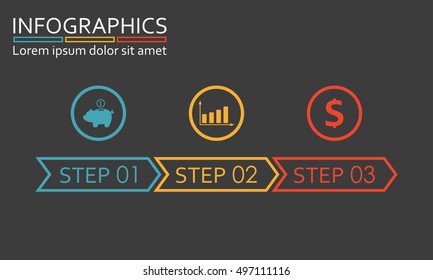 3 steps, options, stages or levels. Step by step infographics template. Vector illustration.