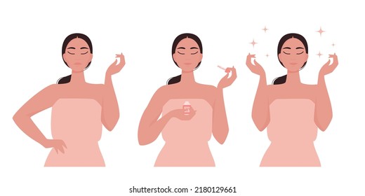 3 steps scheme to apply serum on face. Infographic with cute girl having tired skin with wrinkles before serum and healthy glowing look after beauty treatment. Vector illustration isolated on white. 