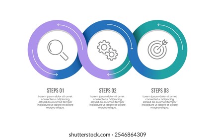 3 etapas Workflow Circle Infográfico para empresas. Ciclo de negócios, apresentação, plano e estratégia. Ilustração vetorial.