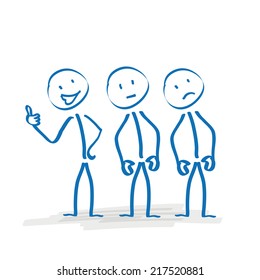 3 stickmen with different moods on the white background. Eps 10 vector file.