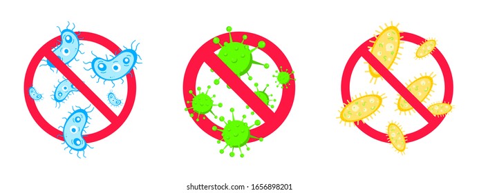 3 stop viruses and bad bacterias or germs prohobition sign. Big viruses or gems in the red stop defence circle flat style design vector illustration isolated on white background.