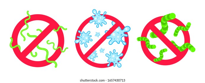 3 frenar los virus y las bacterias malas o los gérmenes signo de la prohobición. Grandes virus o gemas en el círculo de defensa rojo círculo de diseño de forma plana ilustración vectorial aislado en fondo blanco.